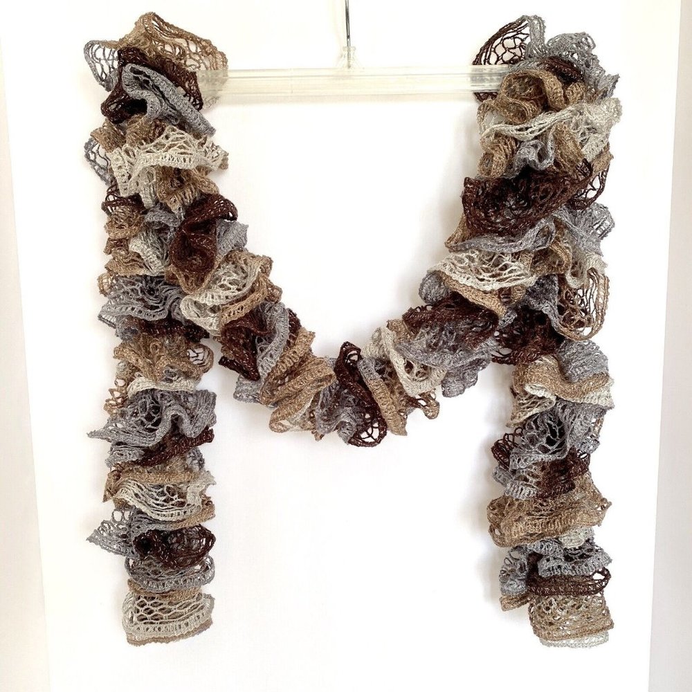 Knitted Tiered Neutral Taupe Colors Lightweight Scarf Incredible Ruffles 62”x5”
